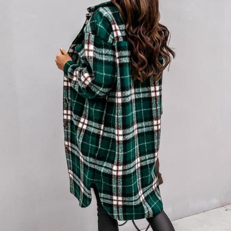 Women Woolen Coat Autumn Winter Plaid Print Turn Down Collar Long Sleeve Flap Pockets Outerwear