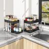 Multi Purpose 2Tier Kitchen Sink Organizer Sliding Basket Rack with Hooks Space Saving Shelves for Utility Room