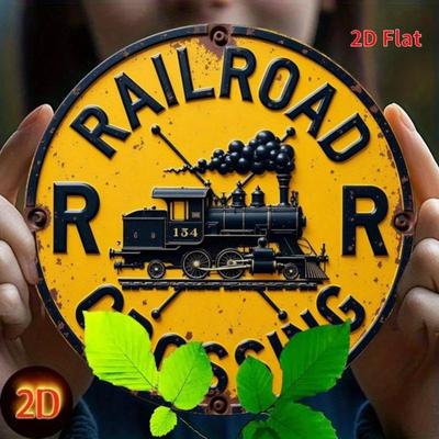 Vintage Train Railroad Crossing Metal Sign 7.8 Inch Round Yellow Iron Plaque Wall Decoration for Home Garage Cafe Bar Patio
