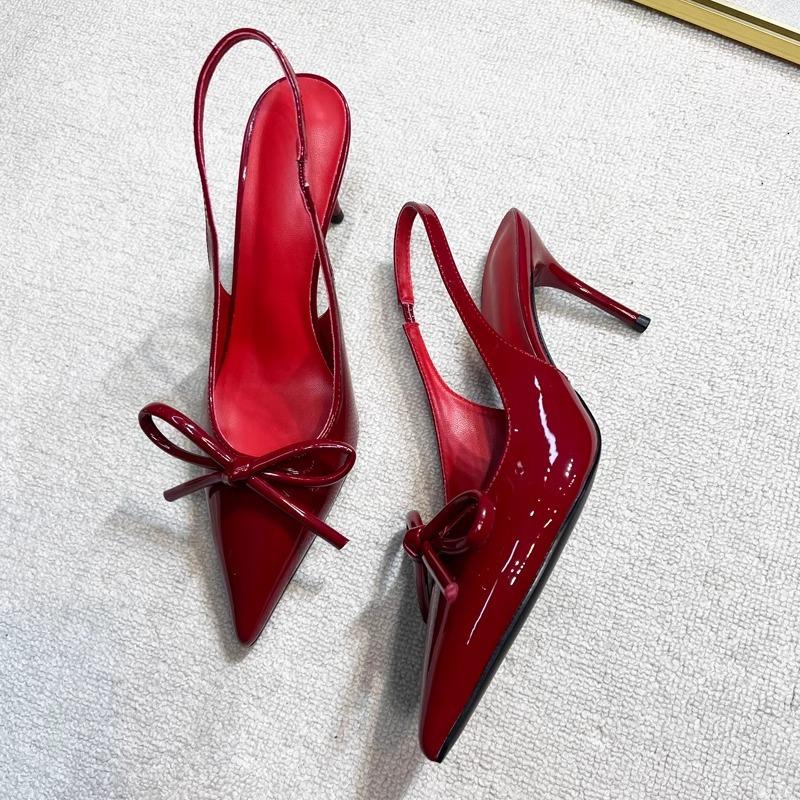 French Burgundy One-word High Heels, Bow 2025 New Models, Beautiful Outer Wear, Pointed Head, Thin Heel, Bag Head, Sandals Women