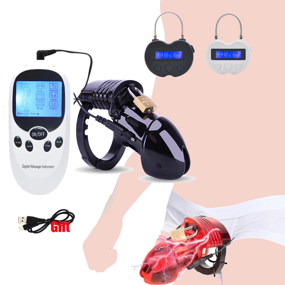 Electro Shock CB6000 Male Chastity Cage Ball Stretcher,Electric Shock Cock Cage Penis Ring, Timer Lock Chastity Belt Sex Toy