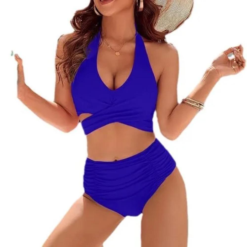 2025 New European Beautiful Women's Belly Swimsuit Moderate High Waist Bikini Suit Cute Neck Swimsuit