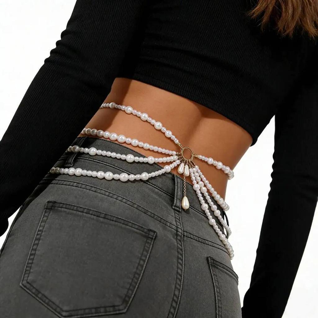 SHIXIN Fashion Y2K Multilayer Imitation Pearl Tassel Waist Chain Women New Elegant Sexy Bikini Belt Body Chain Jewelry Accessory
