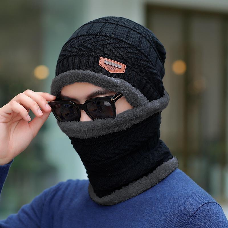Pánská pletená zimní čepice a šála - Teplá sametová podšívka pro ochranu proti chladu při venkovní cyklistice