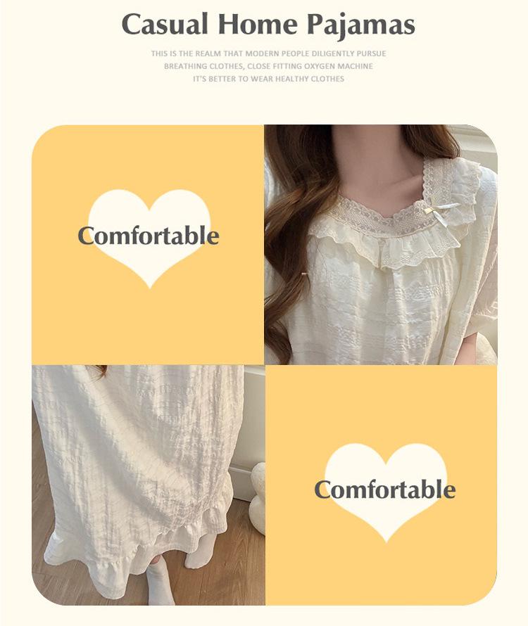 Women's Summer 2026 Cloud Cotton Nightgown with Bra Pads, Lace Trim, Short Sleeves, Long Length