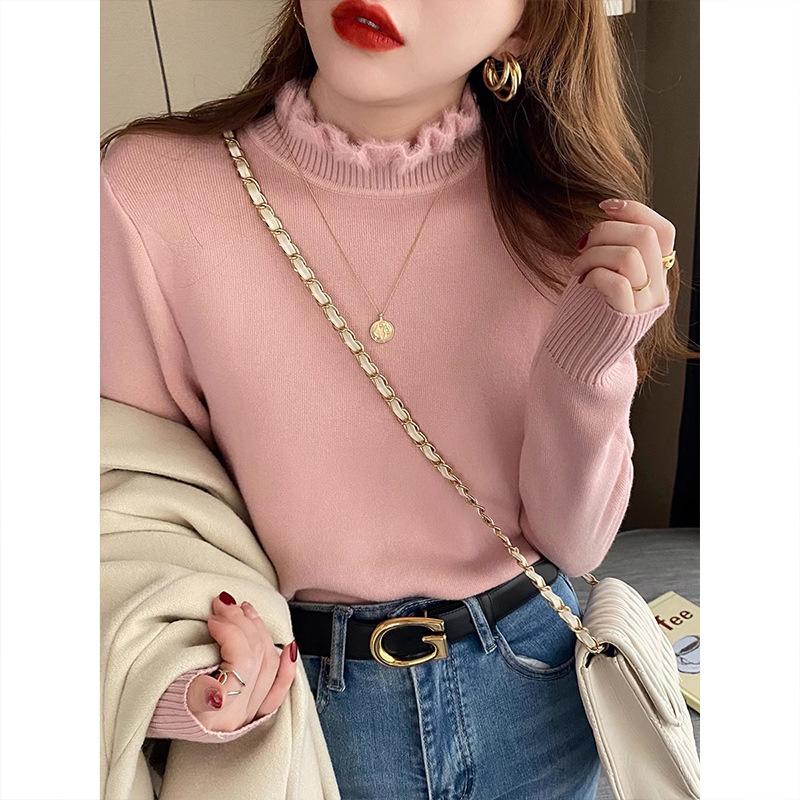 Semi-turtleneck Integrated Fleece Inner Top Women's Fungus Edge Knitted Sweater Autumn and Winter New High-end Bottoming Shirt