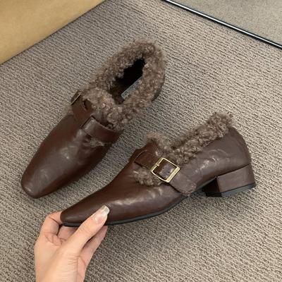 Fur Loafers Shoes Women Heeled Fashion Cotton Shoes for Woman Snow Boots  Designer Winter Warm  Elegant Mujer De