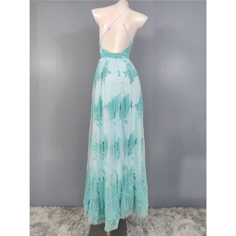 Export Single 2024 Autumn New Arrival Classy Mesh Flocking Deep V Socialite Host Banquet Party Dress Dress