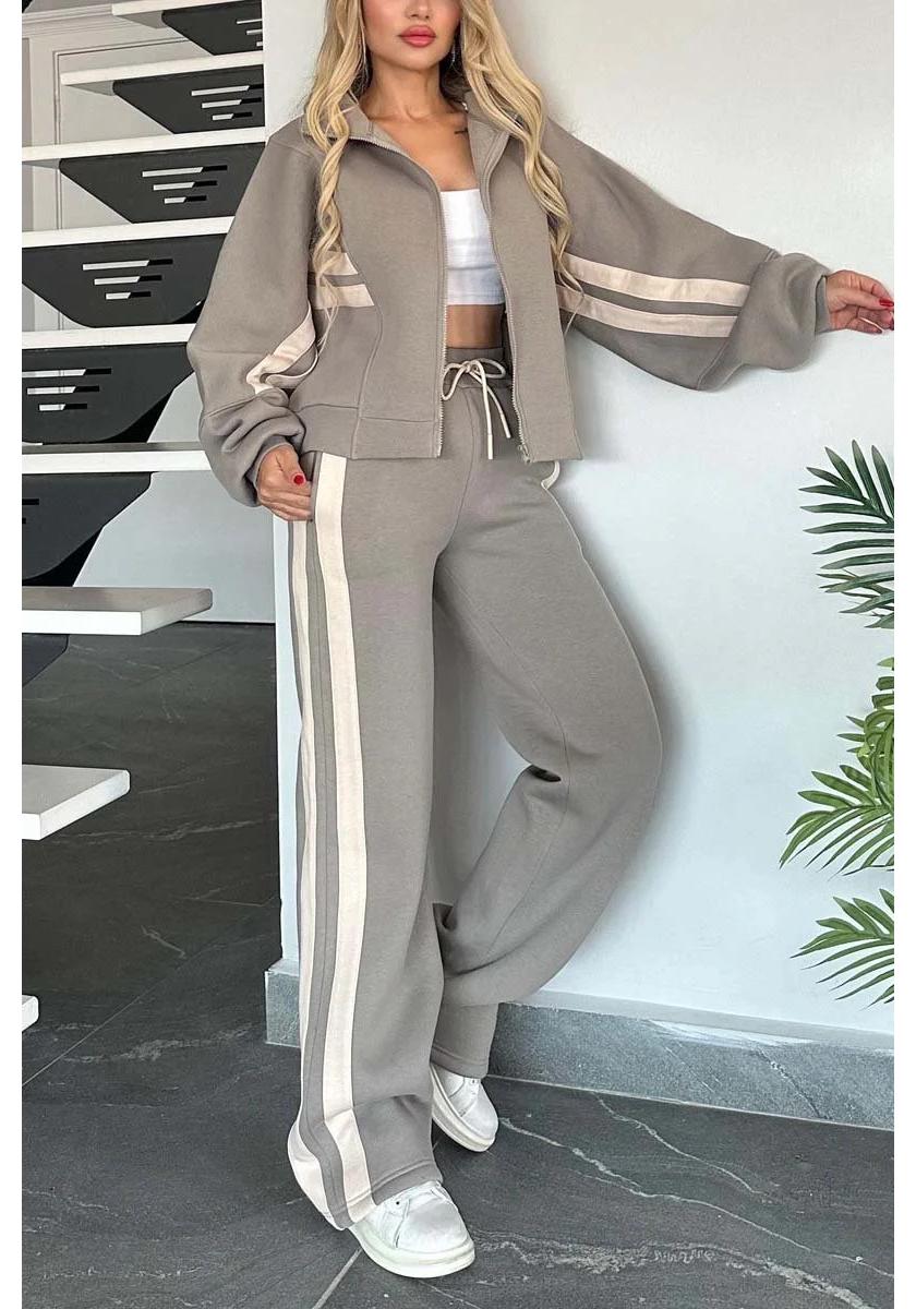2024 Y2K Gestreiftes Reißverschluss Sportbekleidungsset für Damen - Herbstkollektion 4XL grau