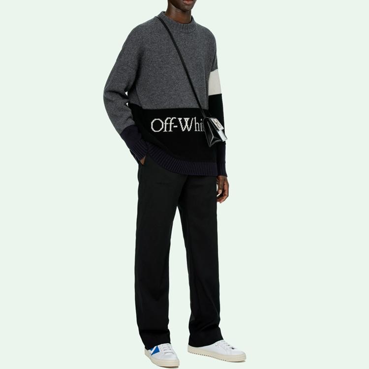 Off-White Alphabet Logo Patchwork Knitted Wool Sweater Men Tops Dark-Grey OMHE048E20KNI0010701