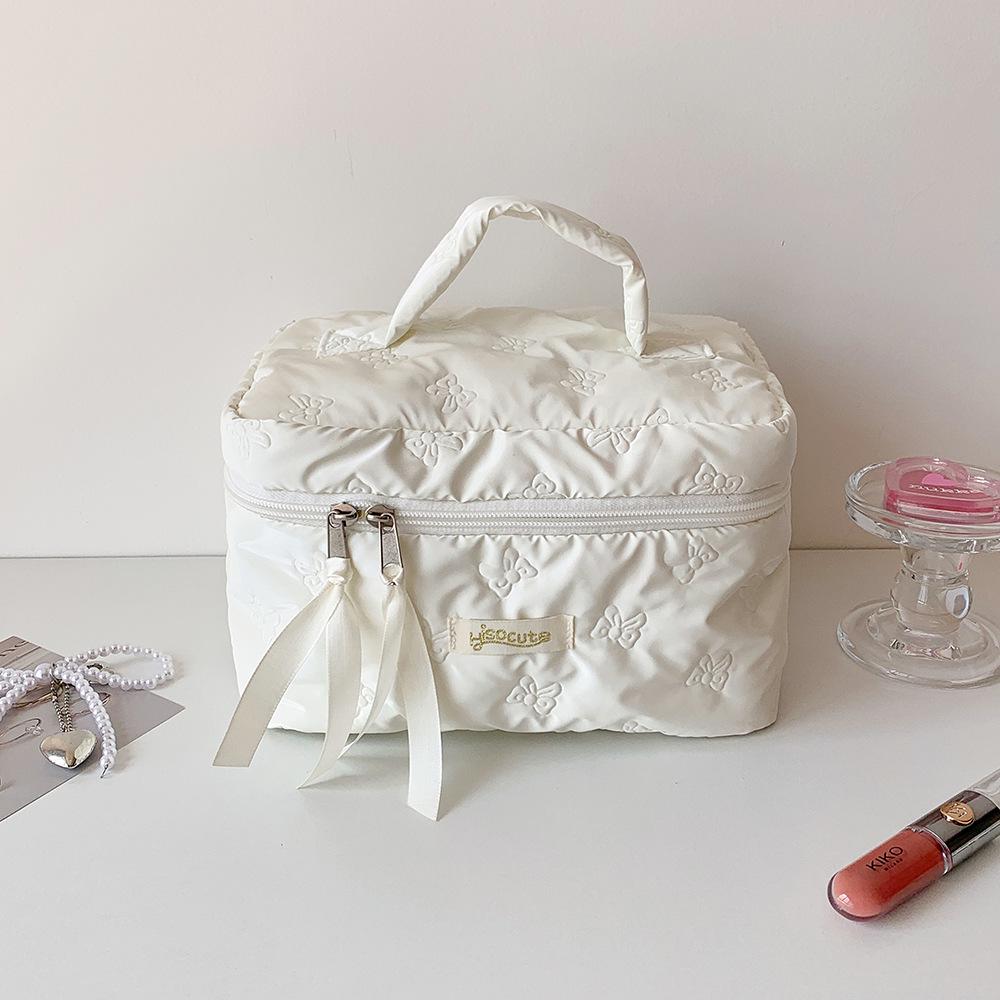 Large Capacity Solid Color Makeup Bag with Ultrasonic Embossing - Desktop Skincare Organizer and Student Toiletry Bag.