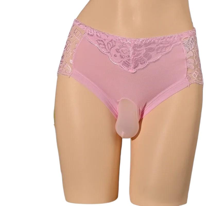 M-3Xl Large Size Sissy Pouch Panties Men Lace See Through Crossdressing Briefs Bullet Separation Underpant Gay Erotic Brief
