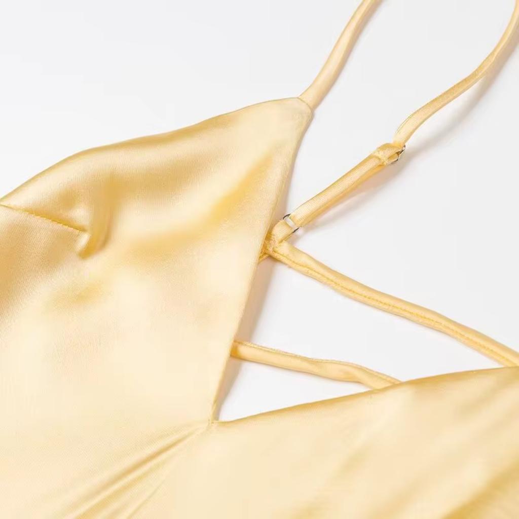 Women Summer Yellow Stain V Neck Sling Dress Elegant Sleeveless Loose Maxi Robes 2025 New Ladies Party Holiday Dresses