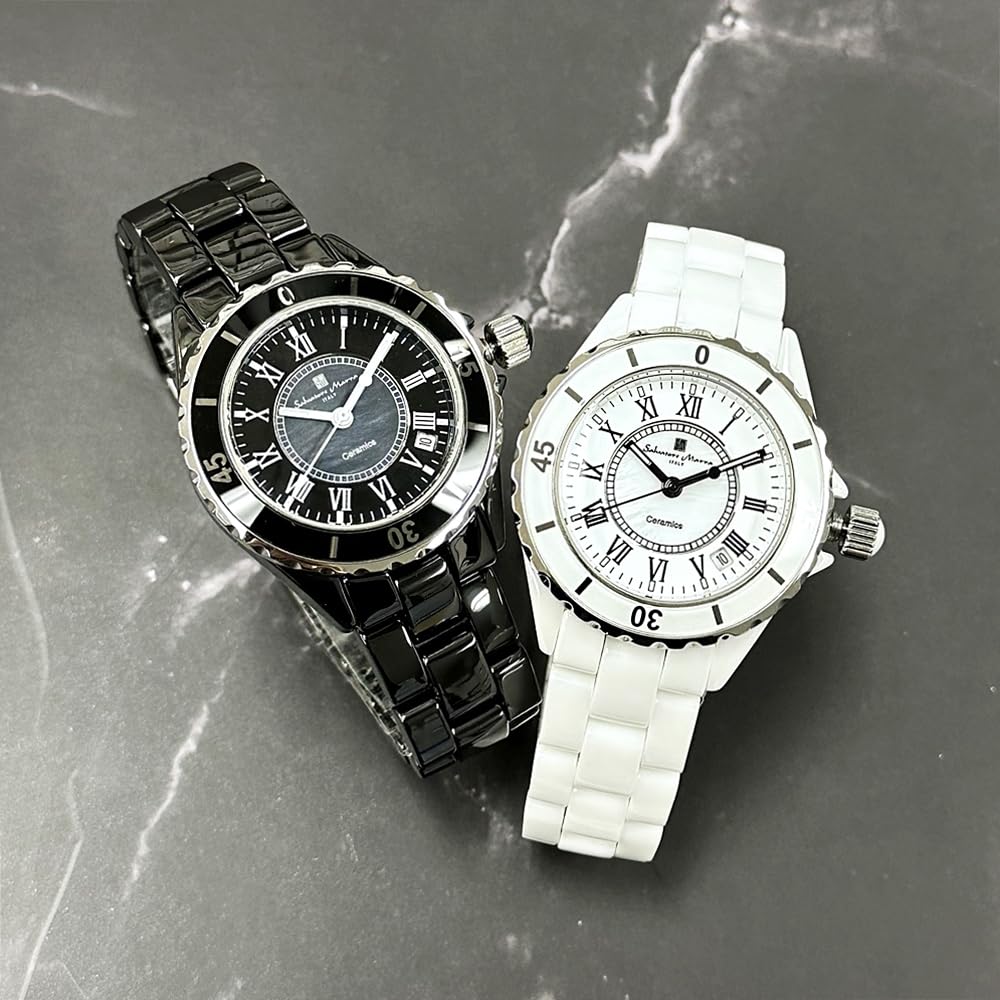 Salvatore Marra Pair Ceramic Bracelet Watch Set SM23103-BKR/WHR Unisex Black & White Calendar Function