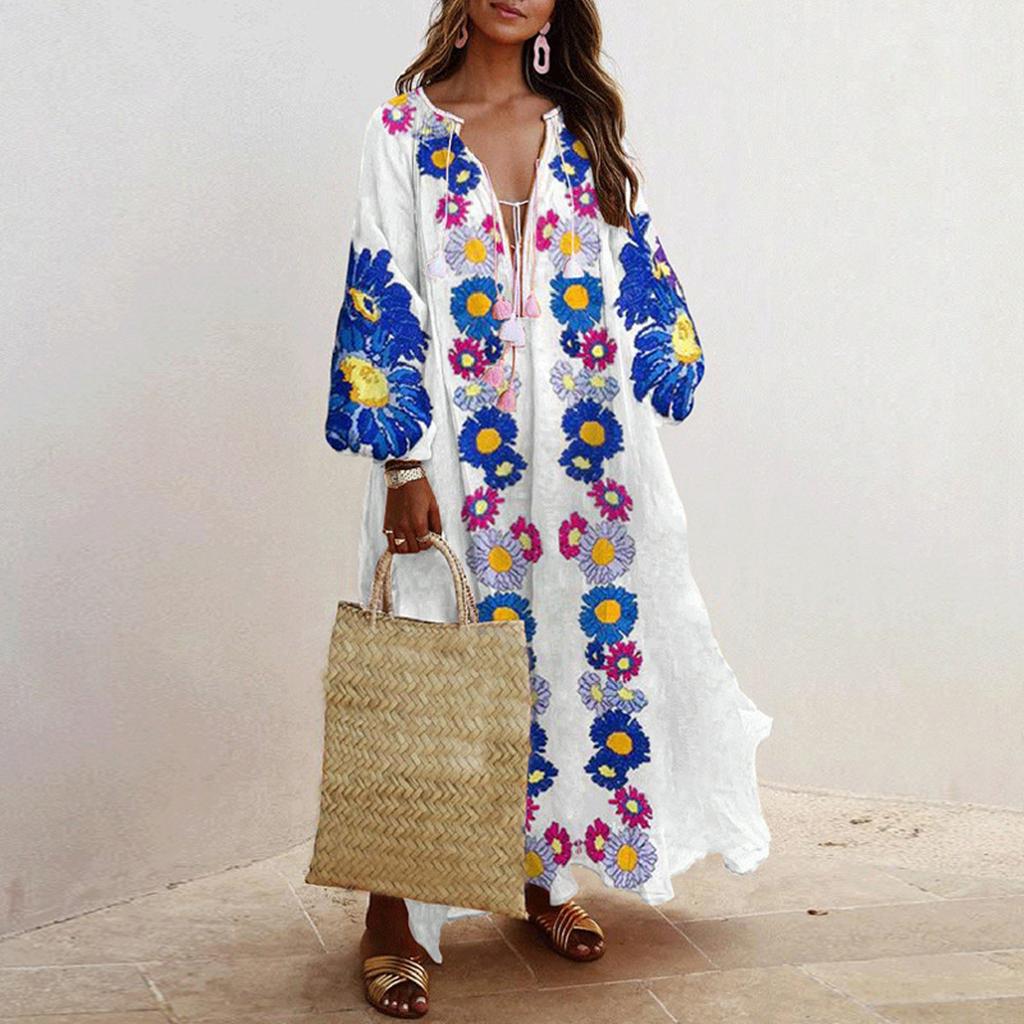 Women's Fashion Casual Bohemian Style V-Neck Long Sleeve Long Dresses Dresses