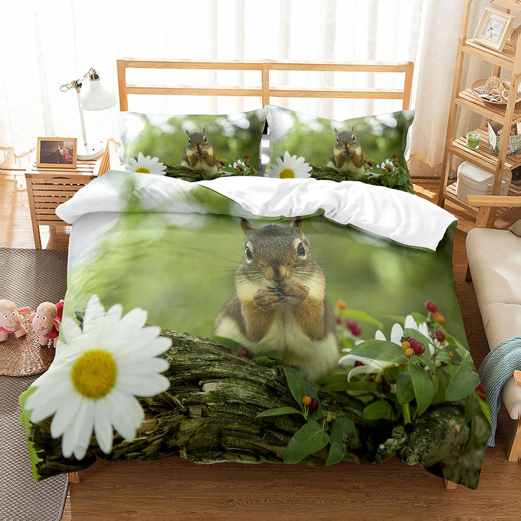 Squirrel Duvet Cover Set Cute Wild Animals Polyester Comforter Cover With Pillowcase For Kids Teen Bedroom Decor King Queen Size