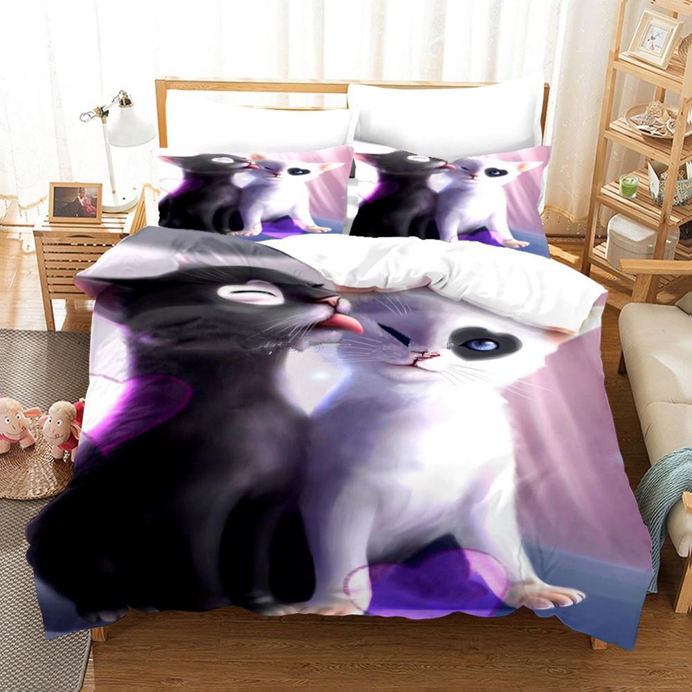 Cute Cat Duvet Cover Set King Queen Size Kawaii Animals Bedding Set For Kids Teens Polyester Comforter Cover With Pillowcase