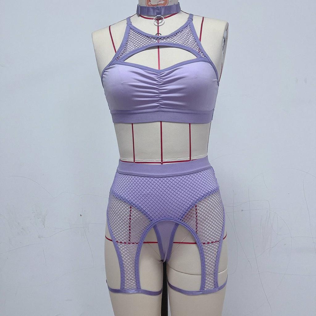 Women's Underwear Sexy Lace Mesh Patchwork Bra And Panty Lace Mesh Perspective Exotic Short Sets Backless Wrap Chest Charm K8OV