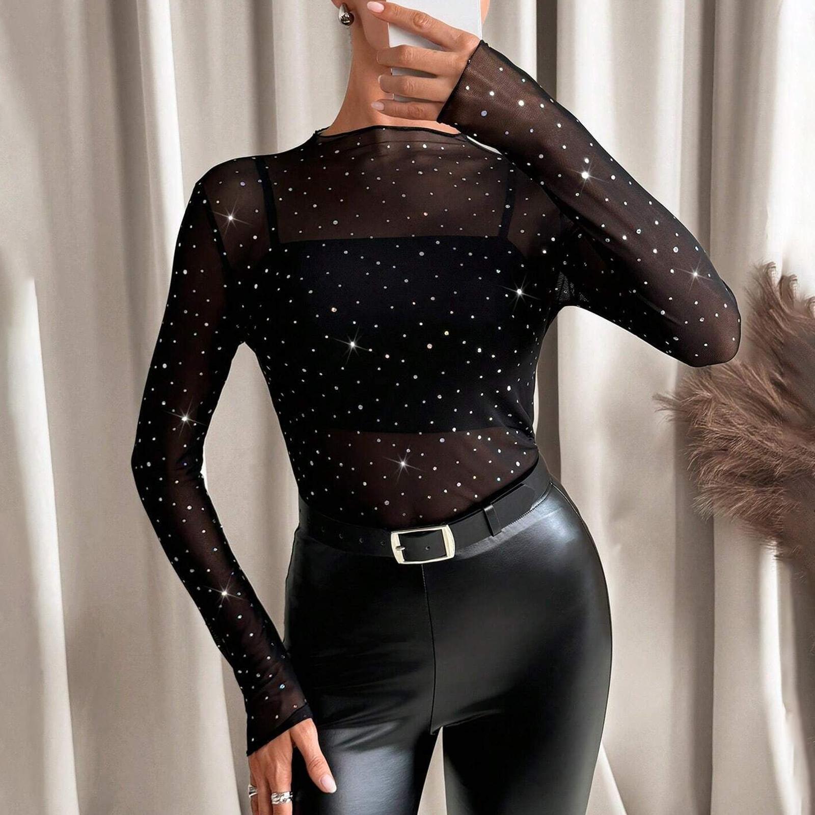 

Women s Stand Collar Long Sleeve Mesh Transparent Rhinestone Decorated T-Shirt XL чорний