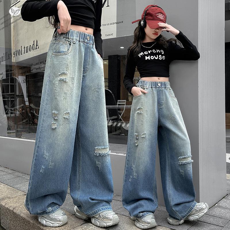 Girls Ripped Distressed Jeans Baggy Wide Leg Pants with Stretchy Waist Gradient Denim Pants for Kids Children Age 5-14Y