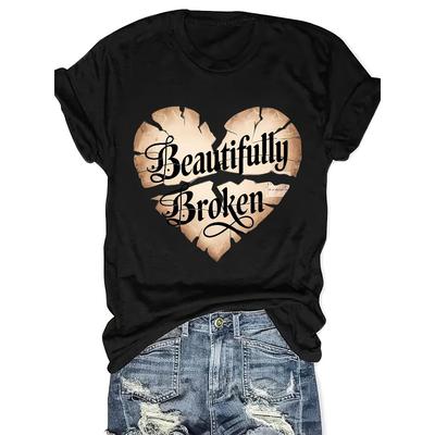 European Size Womens Exquisite Broken Hearts Print T Shirt Round Neck Short Sleeve Stylish Casual Slim Fit Affordable Summer Wear Top