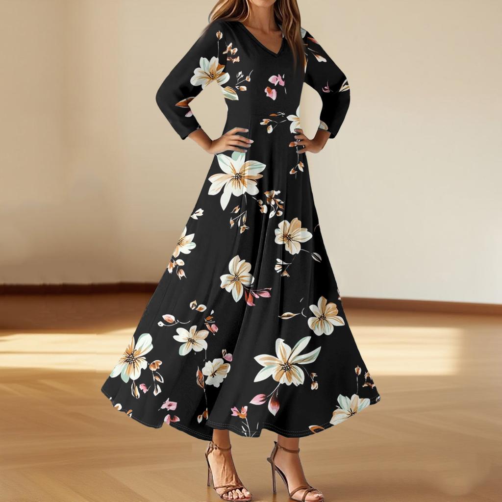 Women's Fashion V-Neck Floating Beach Dresses Seven Sleeve Floral Printed Dresses