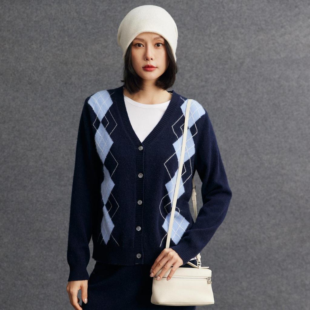 Cardigan en tricot cachemire pour femme à col polo diamant anti-âge