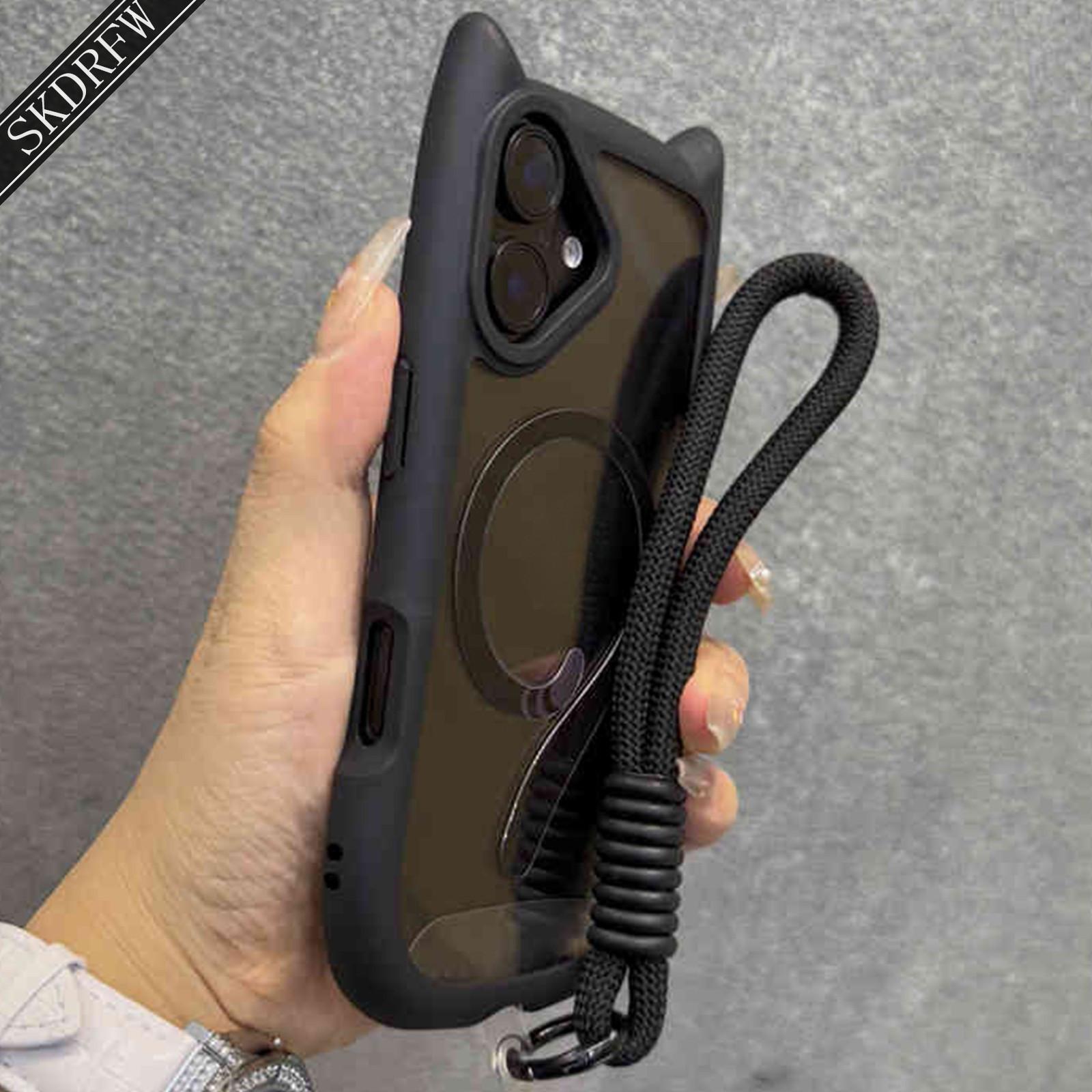 Ins 3D Мультяшный Чехол для Телефона с Магнитным Кольцом в Виде Кошачьих Ушек и Хвостика и Шнурком для iPhone 16 15 14 13 12 11 Pro Max + Plus Задняя Крышка Case+Others&For iPhone 16 Plus чёрный