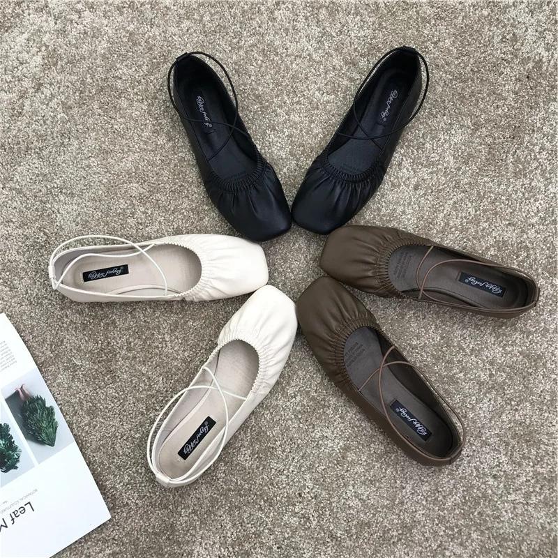 Pleated Single Shoes Women Square Toe Soft Ballet Flats Slip On Solid Color Elegant Dance Shoe Cross Ladies Loafers