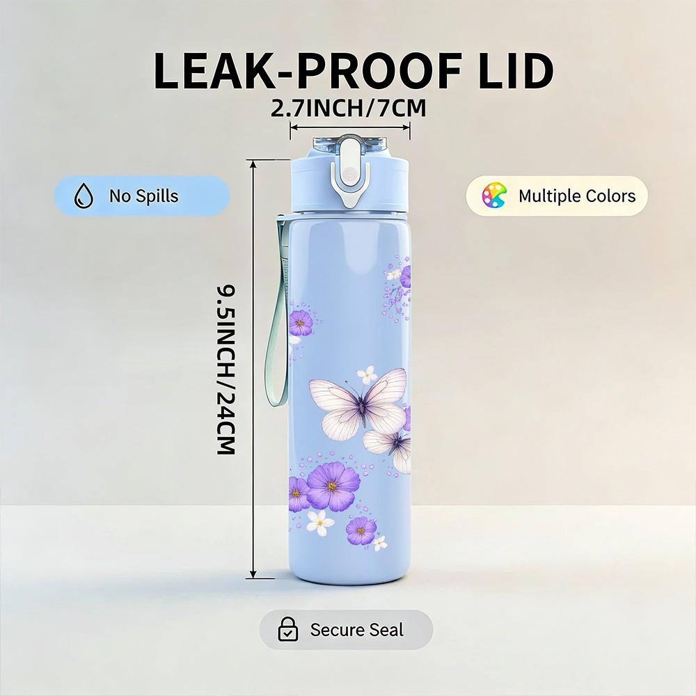 1PC Light Purple Butterfly Floral Print 750ml Color Plastic Sports Water Bottle Leakproof Flip Straw Lid Suitable for Sports Office Home Use