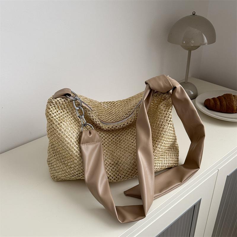 Hand-carrying Big Bag for Women New Texture Woven Underarm Bag Solid Color Simple Hollow One-shoulder Casual Tote Bag