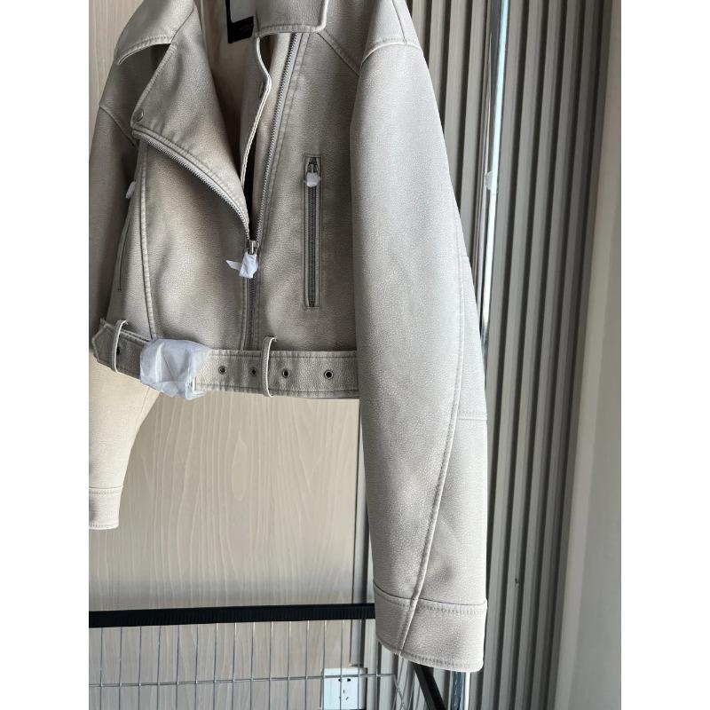 Kurtka Biker ze Sztucznej Skóry Klapy Zamek Dekoracja Luźny Krój Krótki Damski Płaszcz ze Sztucznej Skóry