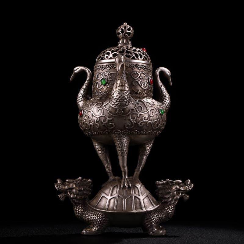 Antique Collection Brass Gilded Silver Imitation Ancient Turtle Crane Incense Burner Craft H Heavy1060Gram  High2