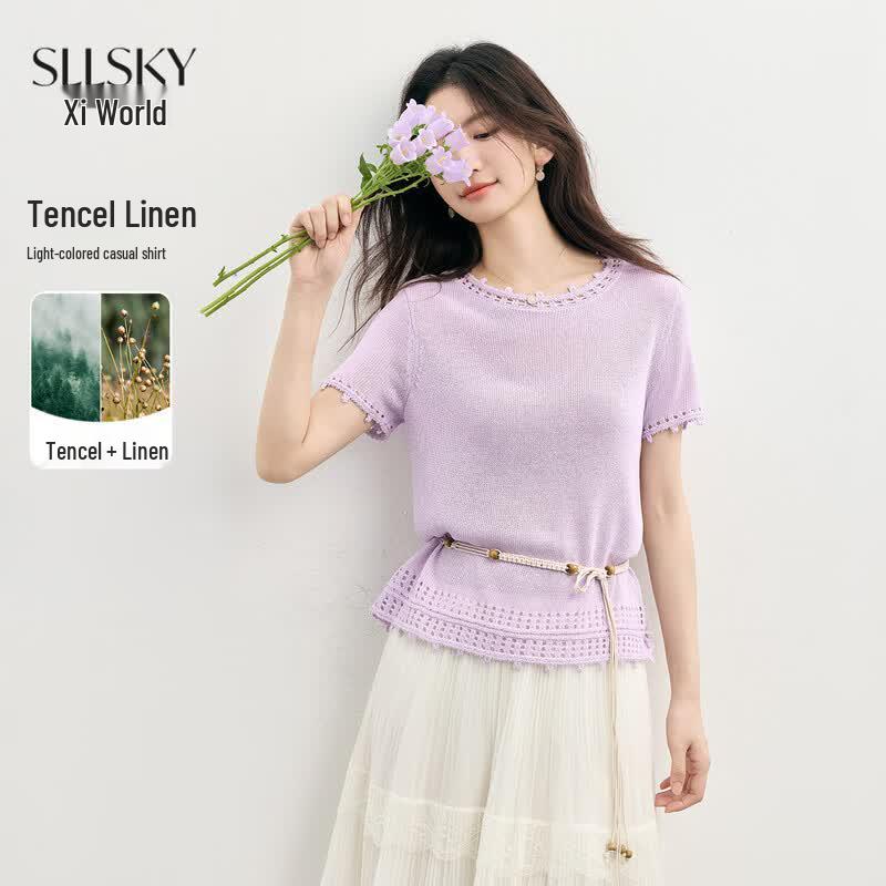 Sllsky Hollow-Out Knit Tencel Linen Short-Sleeve Top XL
