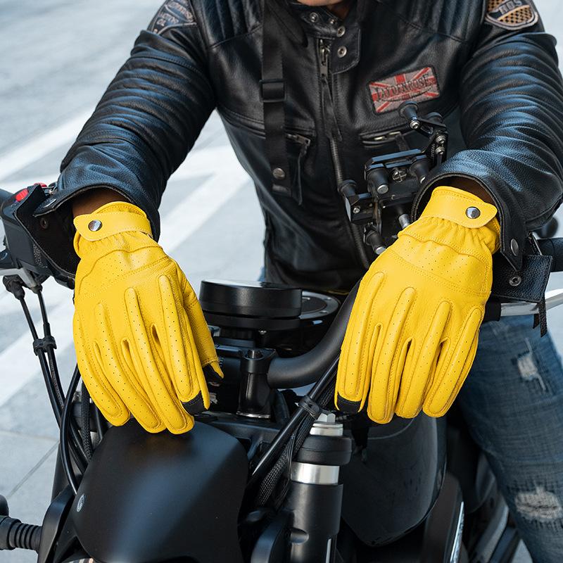 Sheepskin Motorcycle Gloves Touch Screen Non Slip Genuine Leather Retro Motorcycle Gloves Yellow