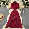 New Polo Collar Temperament Gold Buckle Pit Strip Slim French Short-sleeved Green Long Knitted Dress