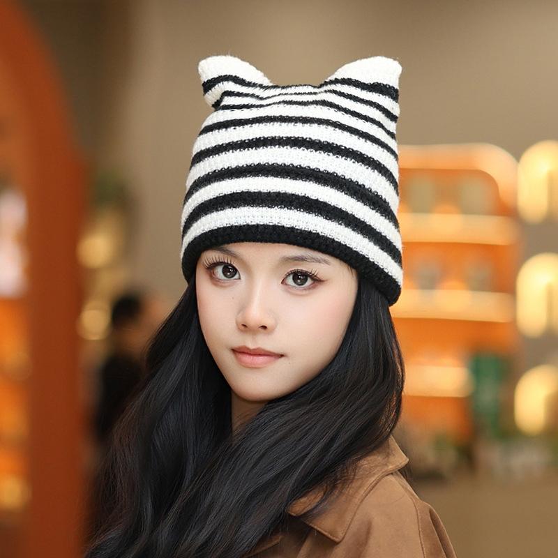 Korean Cute Cat Ear Knitted Hat Winter Keep Warm Retro Stripe Beanie For Women