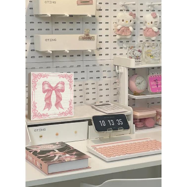 Pink Bow Coquette Wooden Box Sign, Coquette Room Decor, Dorm Room Essentials for Girls, Girly Ribbon Bow for Girls Room Dorm College Bedroom Desk