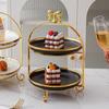 Golden Edged Double-layer Ceramic Tray, Cake Rack, Snack, Fruit Tray, Afternoon Tea Dessert Display Stand, Metal Bow Bracket