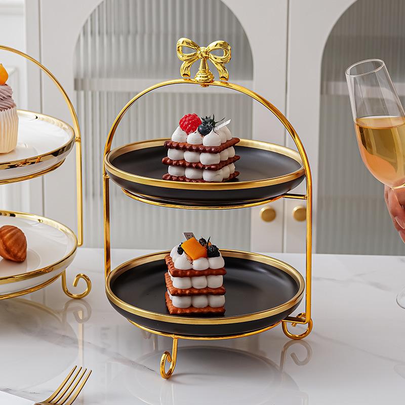 Golden Edged Double-layer Ceramic Tray, Cake Rack, Snack, Fruit Tray, Afternoon Tea Dessert Display Stand, Metal Bow Bracket