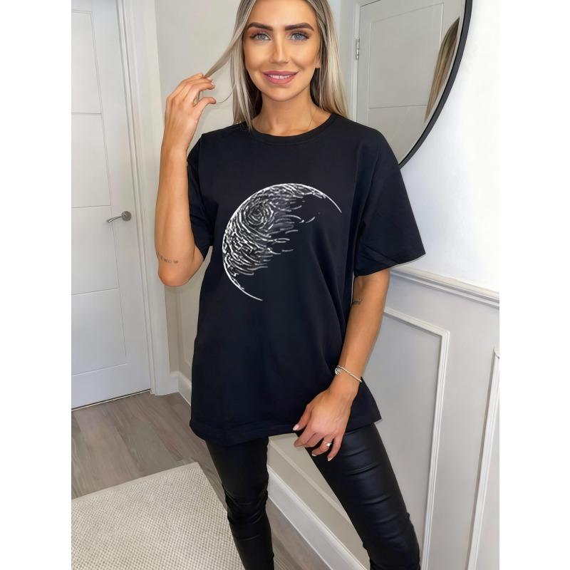 Oversized T Shirt Black Moon Wave Print Casual Wear For Women Summer Outfit Street Style Fashion Top