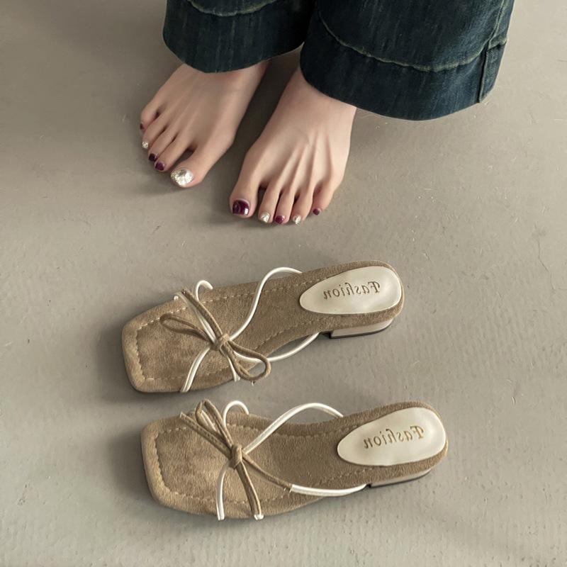 Retro versatile square head bow square heel one-word slippers women's summer fashion strap with skirt slope heel cool slippers