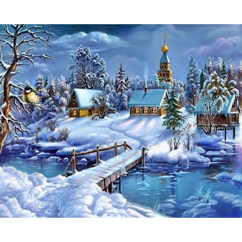 Full Round Diamond Painting Handmade Winter Scenery Cross Stitch 5d Diamond Embroidery House Landscape Decor
