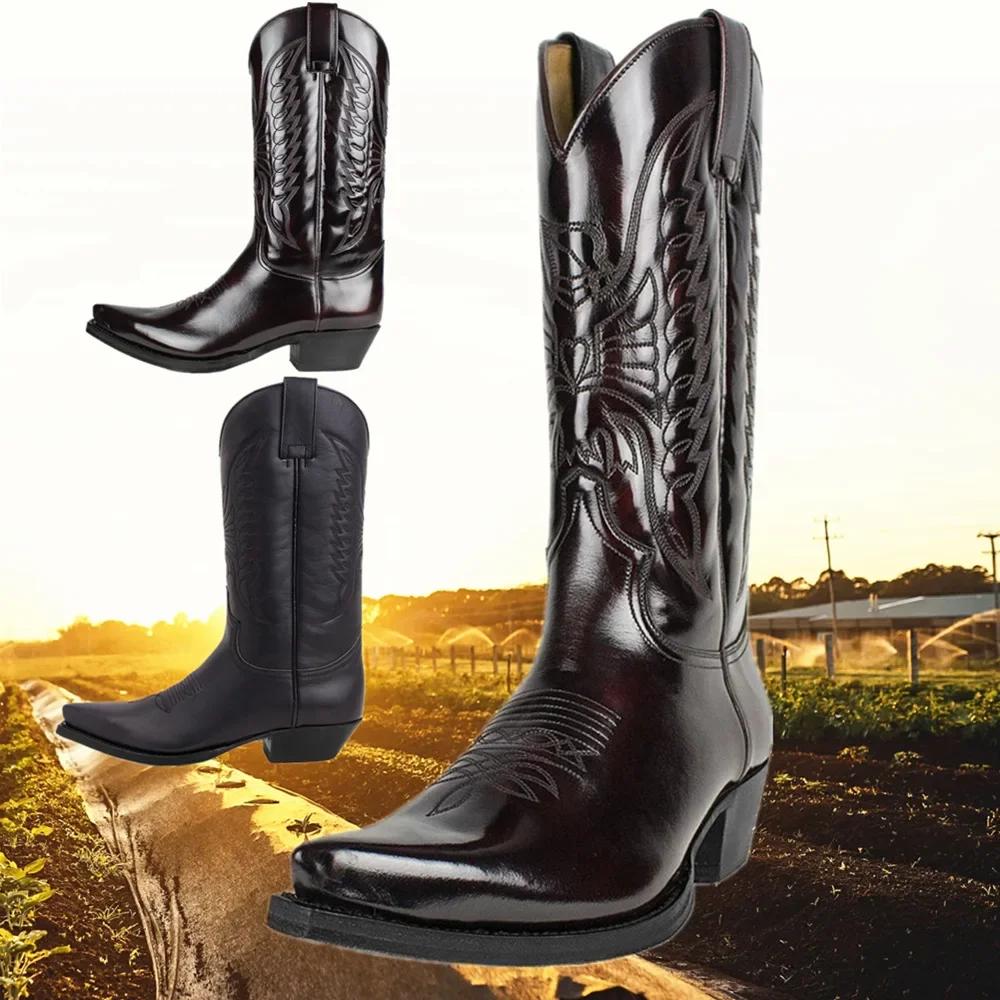 Fashion Men Cowboy Boots Pointed High Heel Western Couples Embroidered High Boots for Men Women 35-48