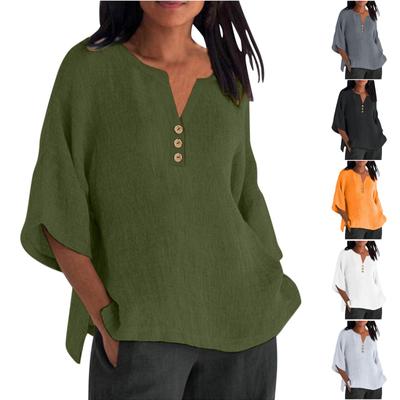Womens Summer Loose T-Shirt V Neck Three Quarter Sleeve Cotton Linen Solid Color Casual Top