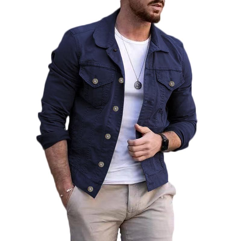 Men's Slim Denim Lapel Jacket - Solid Color, Large Size for Autumn & Winter