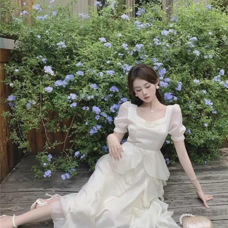 Elegant Niche Design Square Collar Puff Sleeve Dress for Women