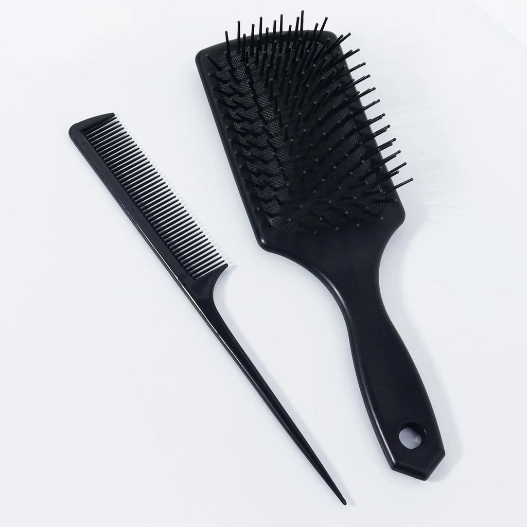 2pcs Black Comb Set, Exfoliating Anti-static Paddle Style Air Brush, Pointed Tail Comb, Suitable for All Types of Hair