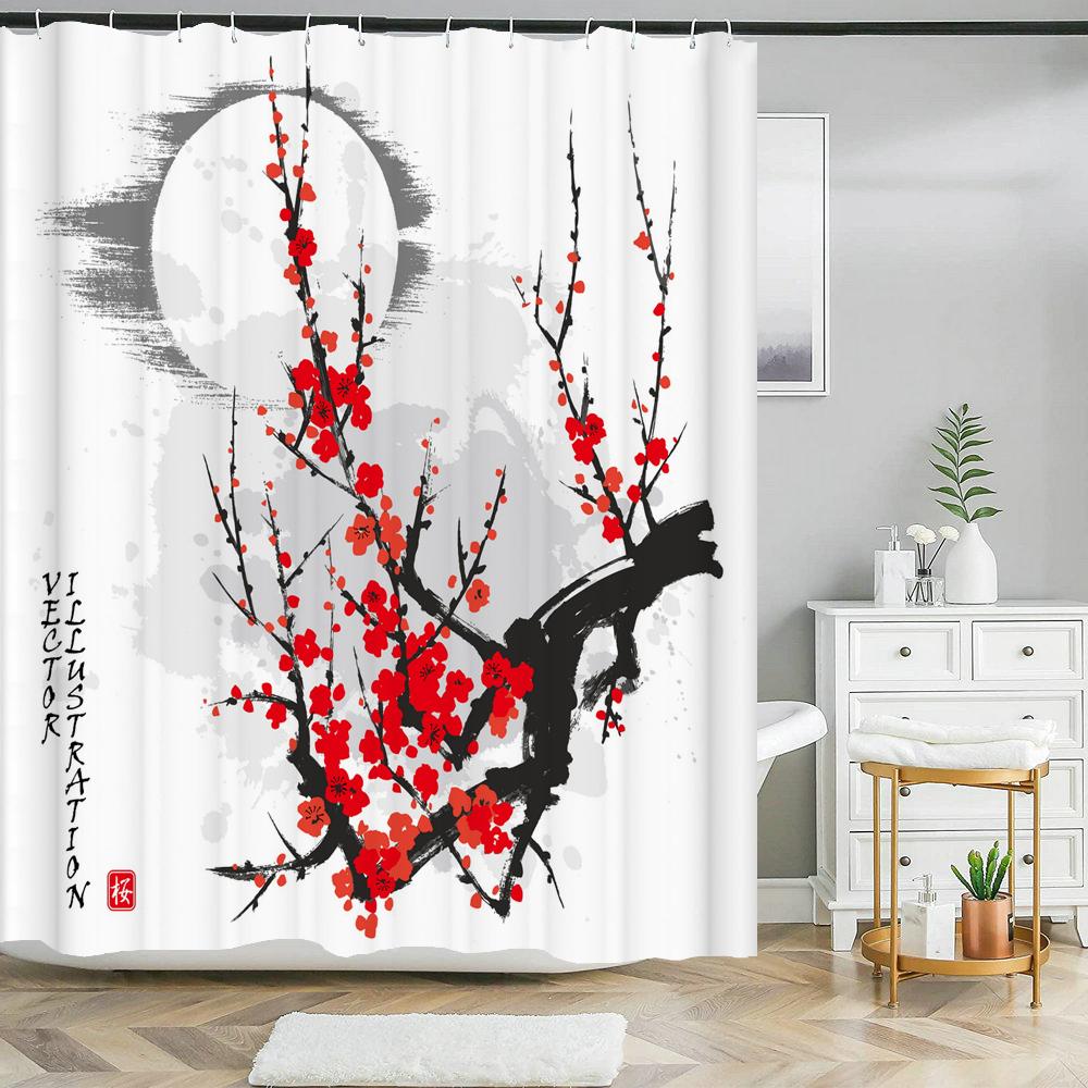

Japanese-Style Flowers Plum Blossom Shower Curtains Bathroom Curtain Frabic Waterproof Polyester Bath Curtain With Hooks 90x180cm-35x70in