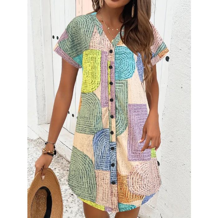 Modisches, locker geschnittenes Kleid mit geometrischem Muster, V-Ausschnitt und Knopfleiste – ein lässiges Damenkleid